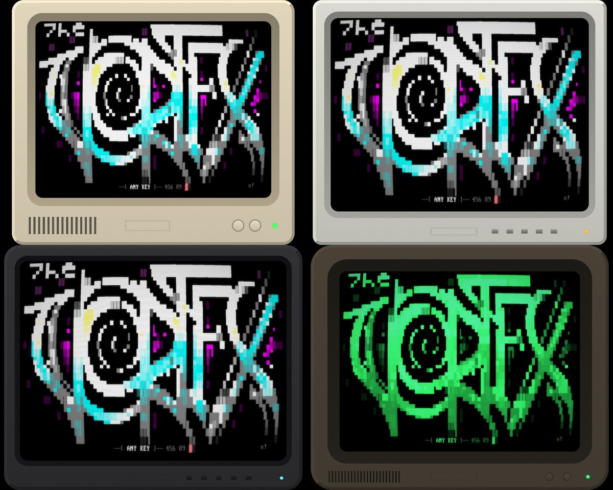 The Vortex BBS on four monitor bezels: beige 1980s, platinum 1990s, charcoal late 1990s, and a green-screen terminal